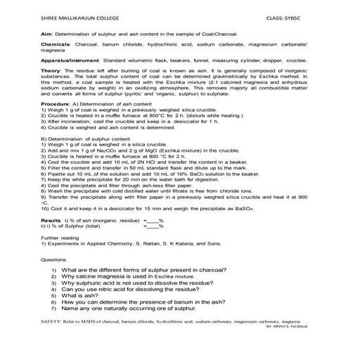 Determination of sulphur and ash content in the sample of coal charcoa