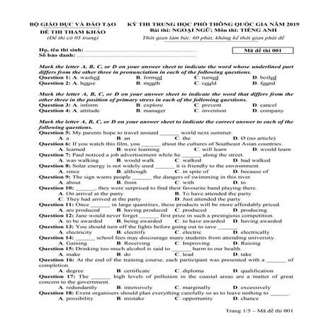 Đề thi minh họa THPT Quốc Gia Tiếng Anh năm 2019