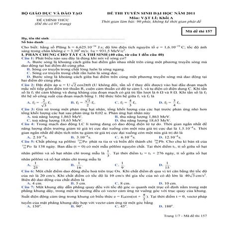 đề thi đại học môn lý khối A năm 2011