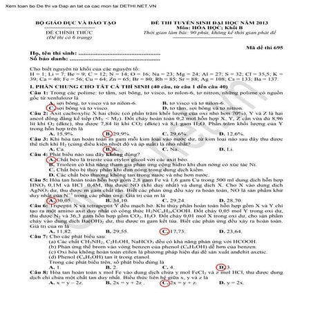 Đề thi đại học và Đáp án môn Hóa khối B 2013