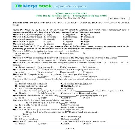 Đề thi ĐHSP môn Tiếng Anh lần 5 2013 - Megabook.vn