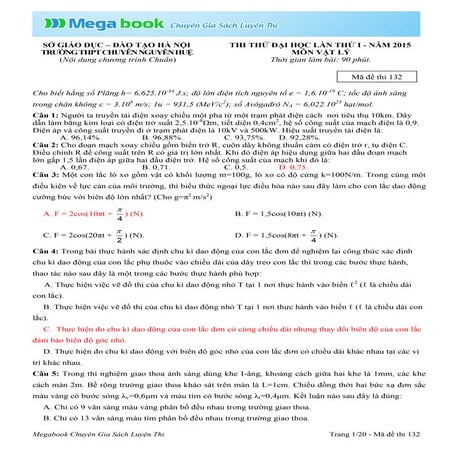 Đề thi+lời giải chi tiết môn Vật lý lần 1 (2014) trường THPT chuyên Nguyễn Hu...