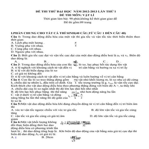 Bộ đề thi thử Đại học môn Vật Lý có đáp án