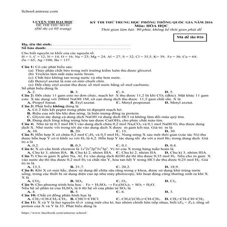 Đề thi thử THPT Quốc gia 2016 môn Hóa học