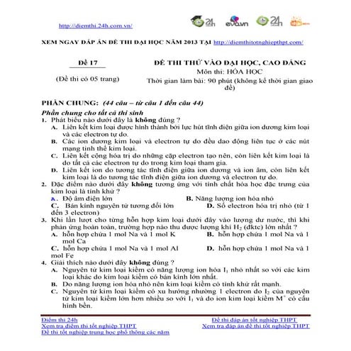 De thi thu dai hoc mon hoa