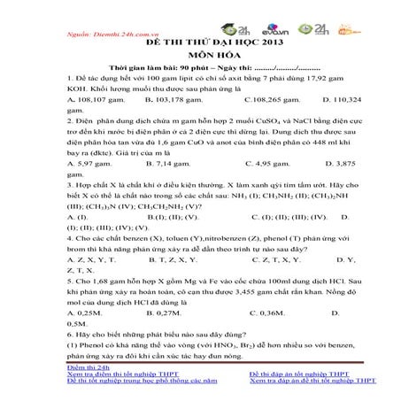 De thi thu dh mon hoa 2013 co dap an