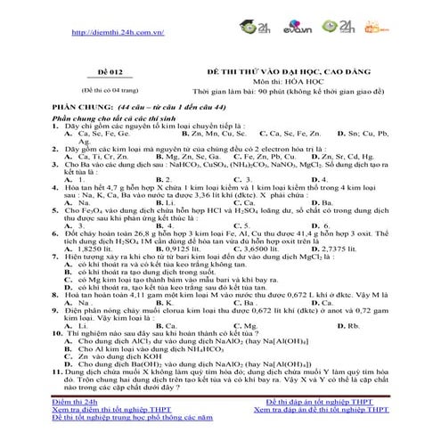 De thi thu mon hoa co dap an 2013