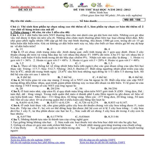 De thi thu mon sinh co dap an