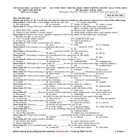 Đề thi thử tốt nghiệp quốc gia năm 2015 môn Tiếng Anh sở gd & đt tp Hồ Chí Minh