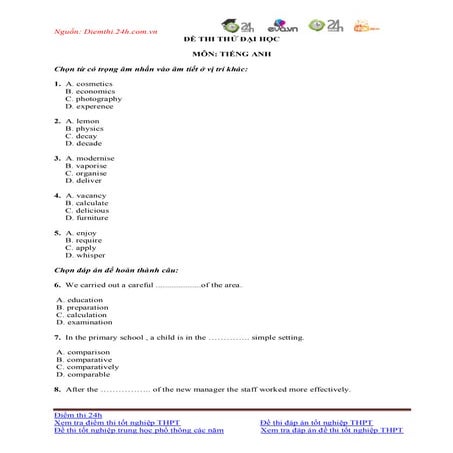 De thi thu tieng anh khoi a1