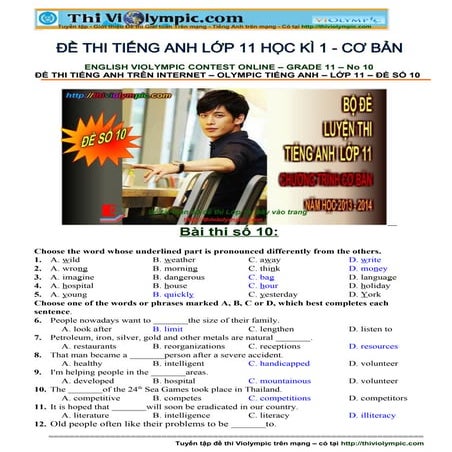 Đề thi Tiếng Anh ôn luyện cuối học kì - Đề số 10