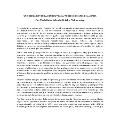 Deuda histórica con los afrodescendientes Negros