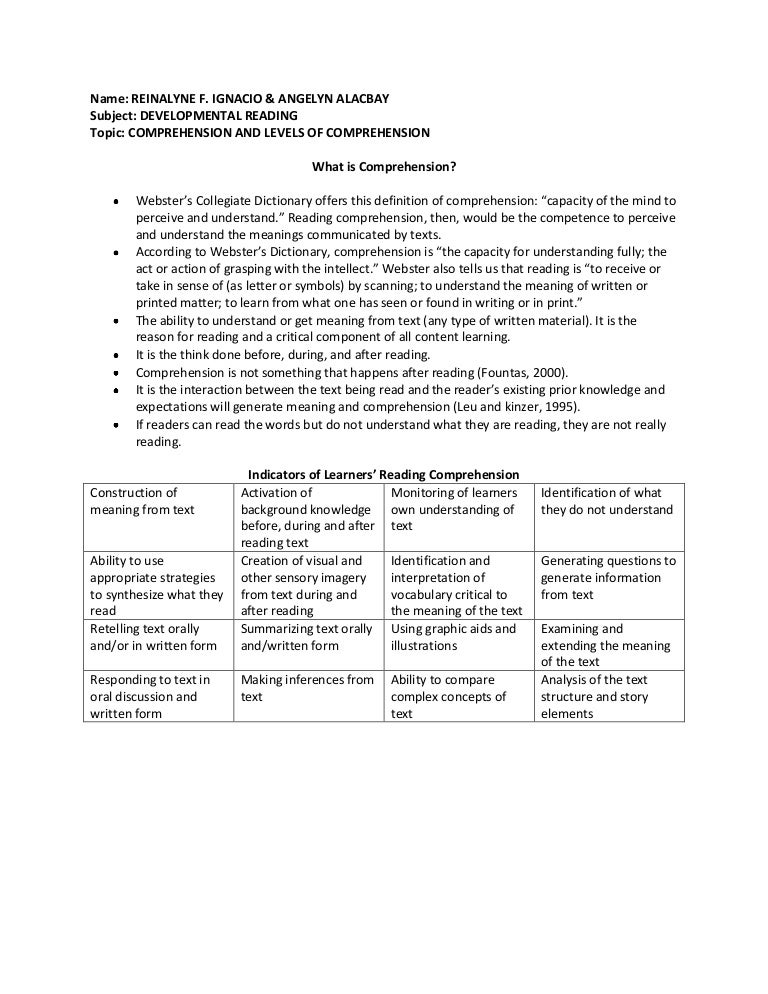 Comprehension And Levels Of Comprehension
