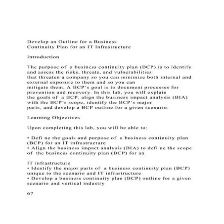 Develop an Outline for a Business Continuity Plan for an IT .docx
