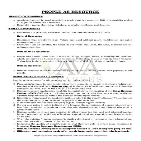 PEOPLE AS A RESOURCE CLASS 9 FREE STUDY MATERIAL PDF