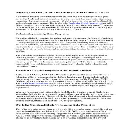 Developing 21st Century Thinkers with Cambridge and AICE Global Perspectives....