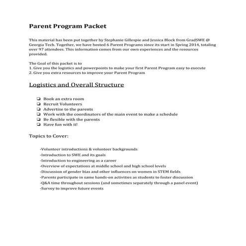 Developing a Successful Parent Program in Conjunction with an Established K-12 Outreach Event - Program Packet