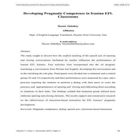 Developing pragmatic competence in iranian efl classrooms