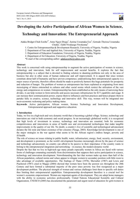 Developing the active participation of african women in science, technology and innovation the entrepreneurial approach