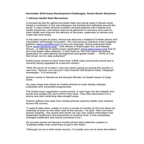 Development Challenges, South-South Solutions: November 2010 Issue