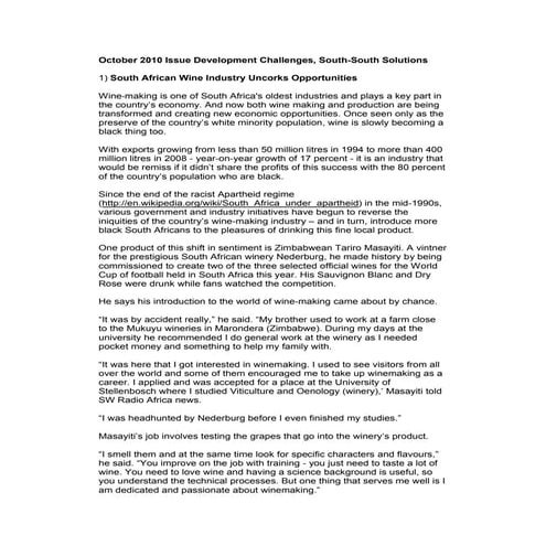 Development Challenges, South-South Solutions: October 2010 Issue