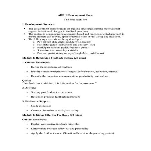 Comprehensive ADDIE-Based Training for Effective Workplace Feedback | DOCX