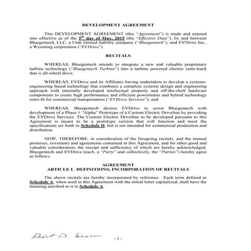 BlueGenTech / EVDrive Development Agreement | PDF