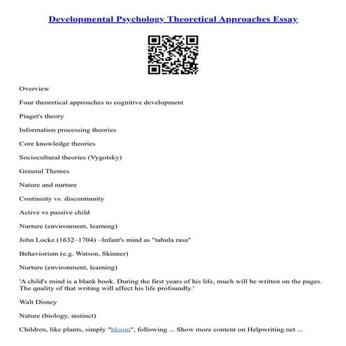  Developmental Psychology Theoretical Approaches Essay