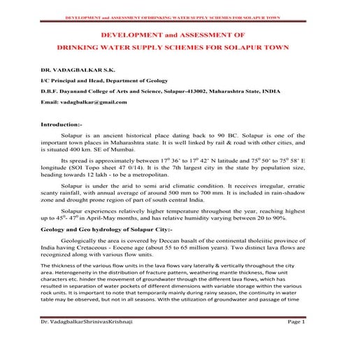 Development and assessment of drinking water supply schemes for solapur ...