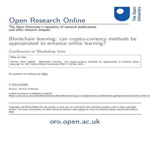 Blockchain learning: can crypto-currency methods be appropriated to enhance o...