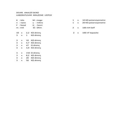 Devre analizi deney malzeme listesi