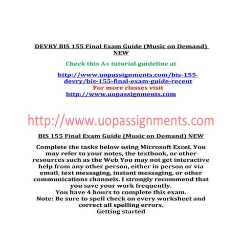 Devry bis 155 final exam guide (music on demand) new