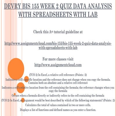 Devry bis 155 week 1 quiz data analysis with spreadsheets with lab | DOC