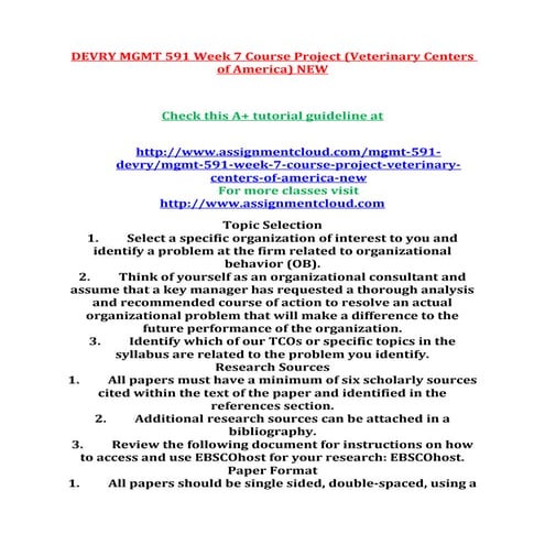 Devry mgmt 591 week 7 course project (veterinary centers of america) new
