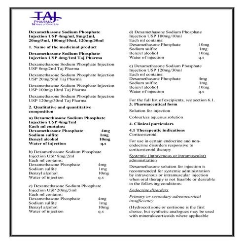 Dexamethasone Sodium Phosphate Injection USP Taj Pharma SmPC | PDF