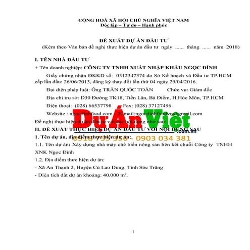 Mẫu Đề xuất Dự Án Đầu Tư "Xây dựng nhà máy chế biến nông sản liên kết chuỗi" ...
