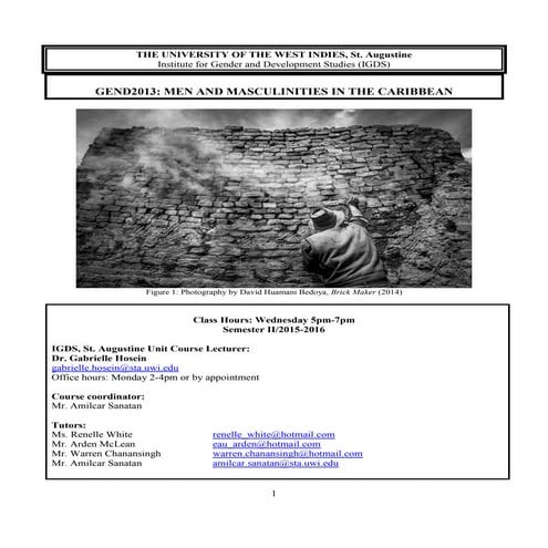 COURSE OUTLINE - GEND 2013 - MEN AND MASCULINITIES - DR GABRIELLE HOSEIN - SI...