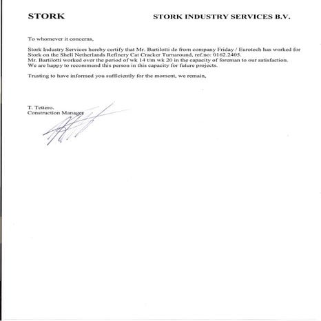 Recommendation Letter from STORK INDUSTRY SERVICES B.V.