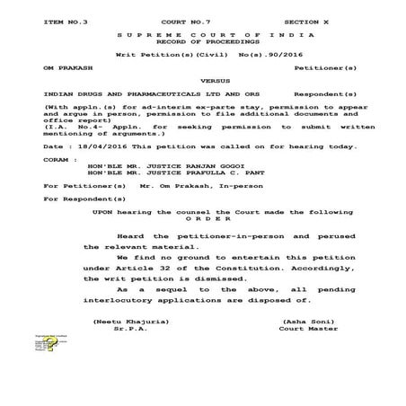 Order dated 18.04.2016 in Writ Civil 90 of 2016 by SC | PDF