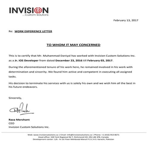 Experience Letter - Daniyal