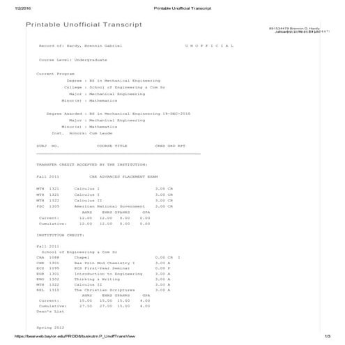 Printable Unofficial Transcript | PDF | Undergraduate Education ...