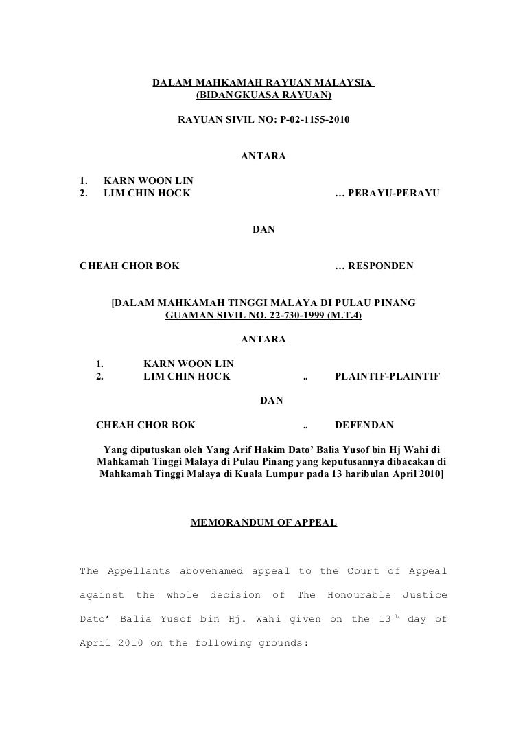 Karn Woon Lin Memorandum Of Appeal