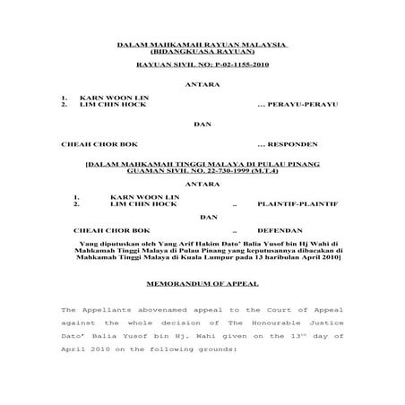 Karn Woon Lin - Memorandum of Appeal