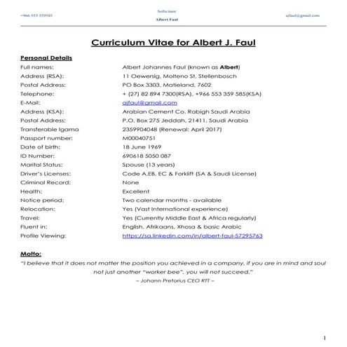 Albert Faul Curriculum Vitae Updated October 2016.LinkedIn | PDF