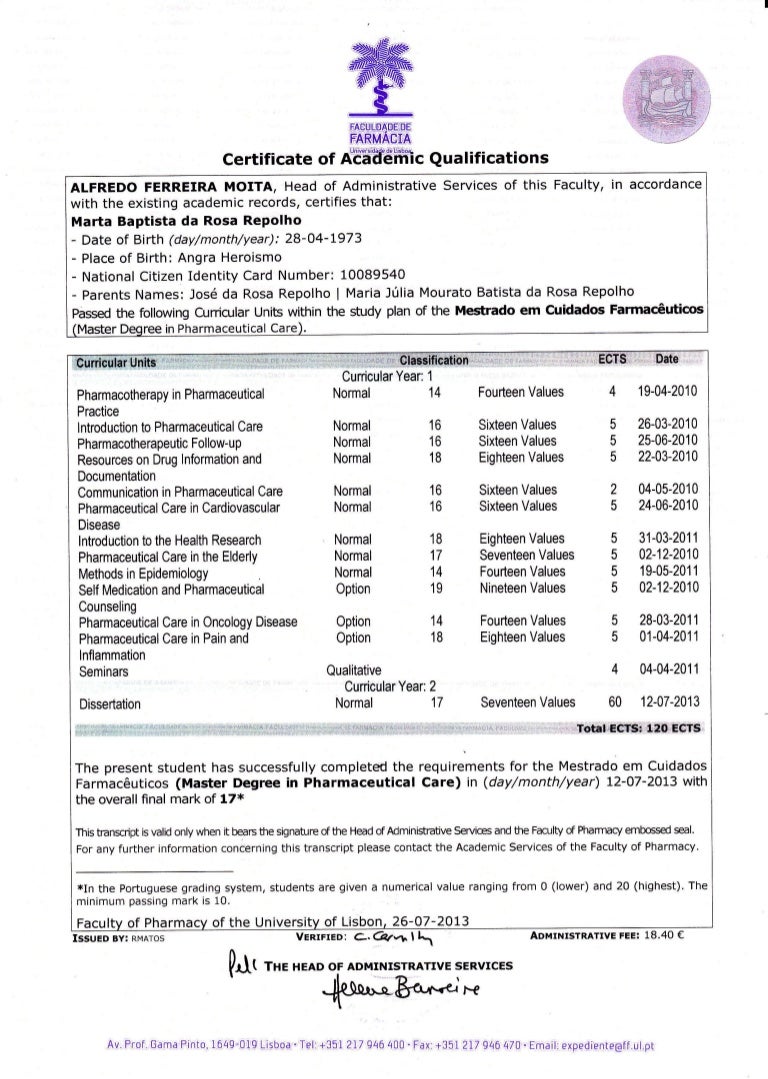 Master Degree certificate in Pharmaceutical Care