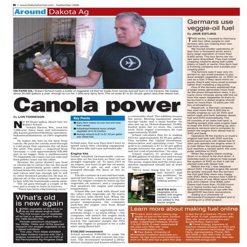 Canola Power: Running your Car on Straight Vegetable Oil