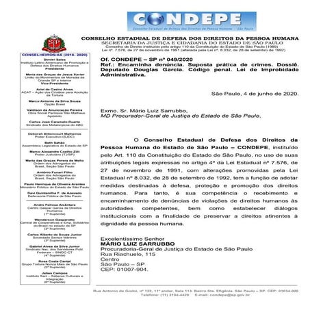 Representação ao MP. Dep. Douglas Garcia. Denúncia de fatos criminosos.