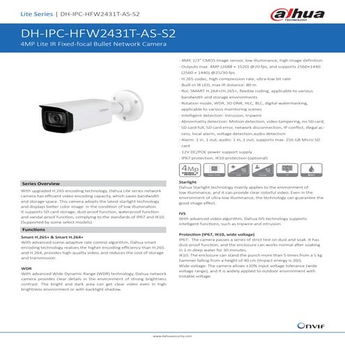 Dahua DH-IPC-HFW2431TP-AS-S2 4MP Star-Light IR Fixed-focal Bullet Network IP ...