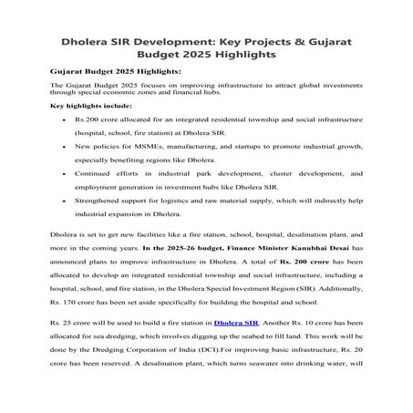 Dholera SIR Development Key Projects and Gujarat Budget 2025 Highlights ...