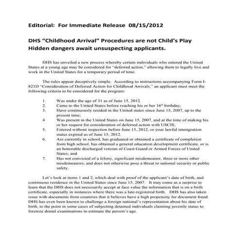 DHS childhood arrival procedures are not child | DOC